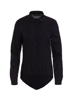 Czarny bodysuit z długim rękawem i kołnierzykiem, z guzikami z przodu oraz dopasowanym krojem. Wykonany z gładkiego materiału o smukłej sylwetce.