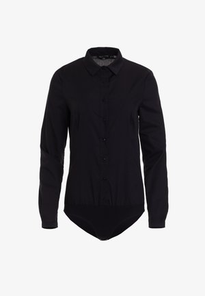 Czarny bodysuit z długim rękawem i kołnierzykiem, z guzikami z przodu oraz dopasowanym krojem. Wykonany z gładkiego materiału o smukłej sylwetce.