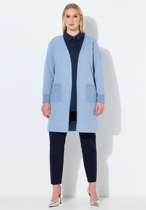 Donna che indossa un cardigan aperto azzurro chiaro, camicia blu scuro, pantaloni blu scuro e tacchi alti color argento, in piedi davanti a uno sfondo bianco.