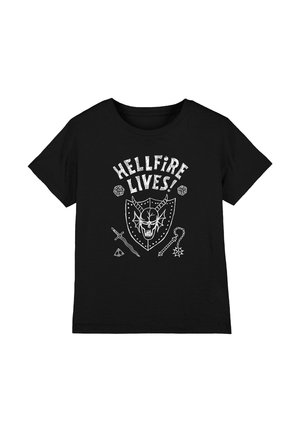 Black T-shirt with white skull and horns on a shield, surrounded by medieval weapons and "HELLFIRE LIVES!" text above.