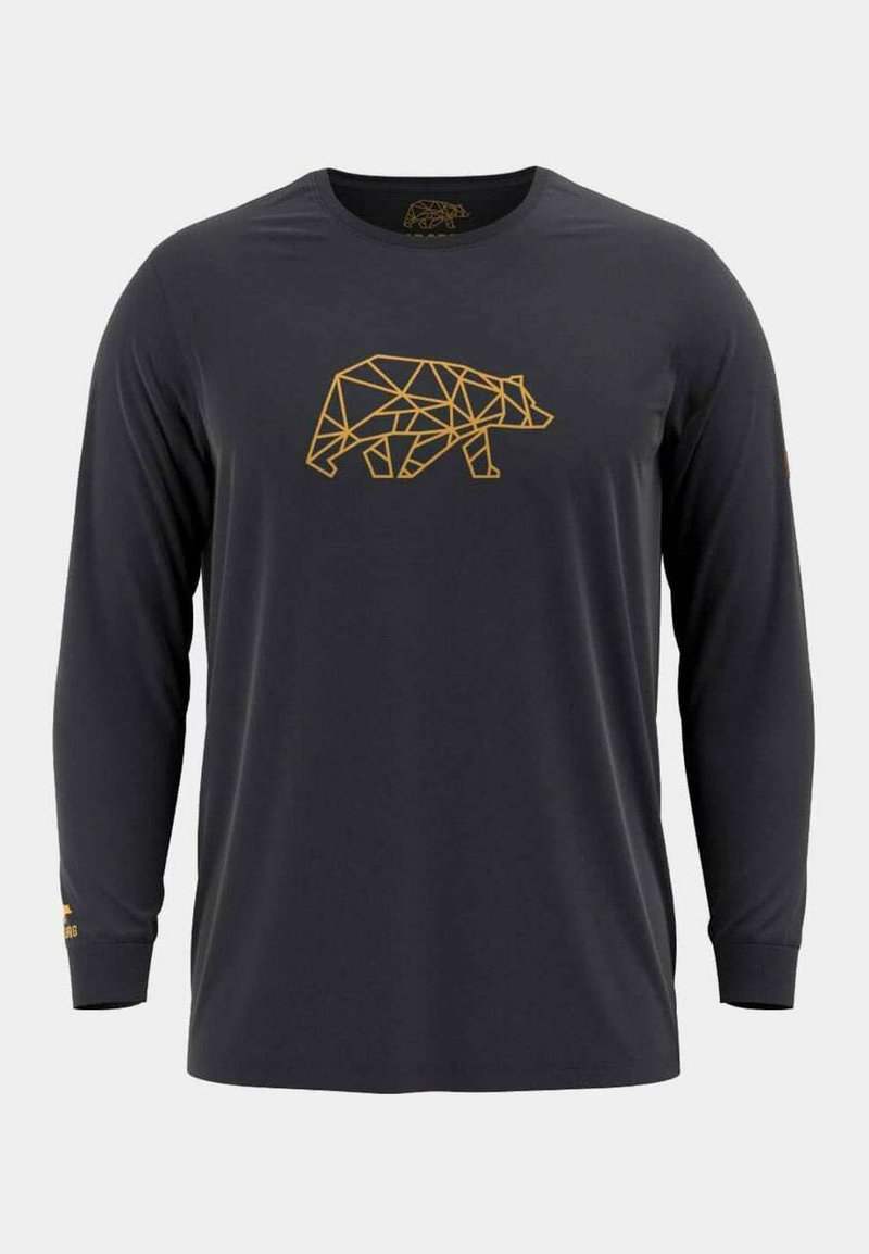 Donkergrijze langemouwen shirt met een geometrisch berenontwerp in goud op de voorkant. Gemaakt van lichte, gladde stof met een ronde halslijn.