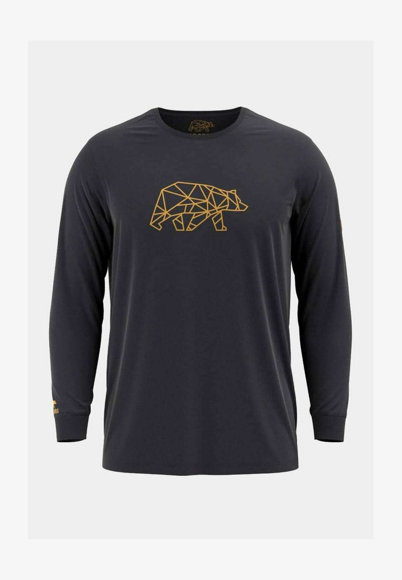 Camisa de manga larga color gris oscuro con un diseño geométrico de un oso en dorado en el frente. Hecha de una tela ligera y suave con cuello redondo.