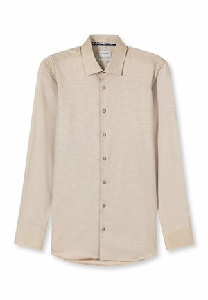 Beiges langärmeliges Hemd mit strukturiertem Muster, durchgehender Knopfleiste und klassischem Kragen. Es verfügt über graue Knöpfe und einen abgerundeten Saum.