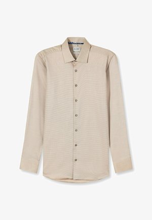 Beige shirt met lange mouwen, een gestructureerd patroon, knoopsluiting aan de voorkant en een klassieke kraag. Heeft grijze knopen en een afgeronde zoom.