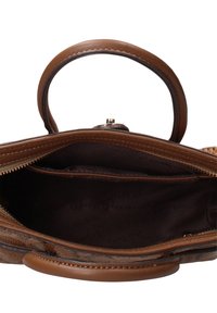 Bruine leren handtas met een gestructureerde buitenkant, dubbele bovenhandgrepen en een ritssluiting, met een donkerbruine stoffen binnenvoering en vakken.