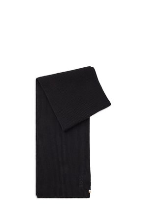 Black ribbed knit scarf folded with subtle "BOSS" logo embossed near the edge on a white background.