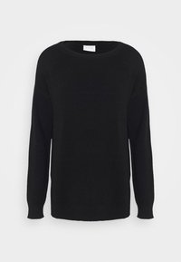 Schwarzer Strickpullover mit Rundhalsausschnitt, langen Ärmeln und gerippten Bündchen. Einfaches Design, weiche Textur und keine sichtbaren Muster oder Akzente.