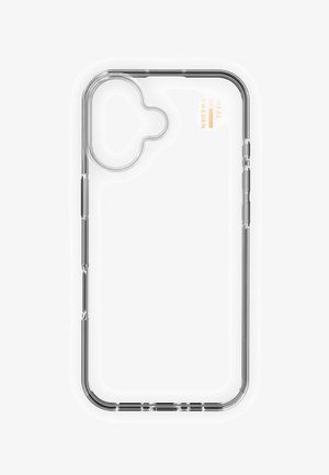 Cover per telefono trasparente con design a bordo arrotondato, realizzata in plastica trasparente, con logo dorato e ritagli per fotocamera e pulsanti.