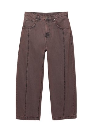 Wide-leg jeans in a faded brown color, featuring contrast stitching, five pockets, and a button closure at the waist.
