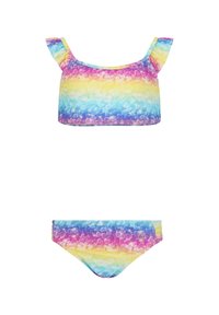 Zweiteiliger Badeanzug aus dehnbarem Stoff. Das Oberteil hat geraffte Träger und einen Regenbogenfarbverlauf mit Herzmustern; das Unterteil passt farblich dazu.