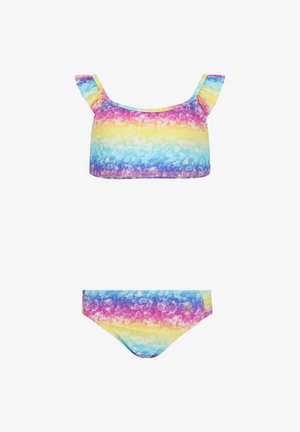 Zweiteiliger Badeanzug aus dehnbarem Stoff. Das Oberteil hat geraffte Träger und einen Regenbogenfarbverlauf mit Herzmustern; das Unterteil passt farblich dazu.