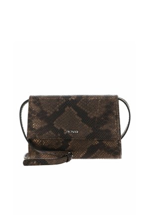 Borsa a tracolla in pelle marrone con motivo effetto pelle di serpente texturizzato e logo Picard argentato sulla patta frontale, tracolla regolabile arrotolata davanti.