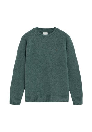 Jersey de punto verde oscuro de manga larga con puños, bajo y cuello redondo acanalados, colocado plano sobre un fondo blanco.