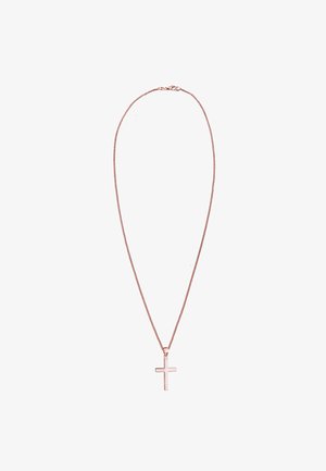 Halskette aus Roségold mit einer dünnen Kette und einem einfachen, glänzenden Kreuzanhänger. Der Anhänger ist in der Mitte der Kette positioniert.
