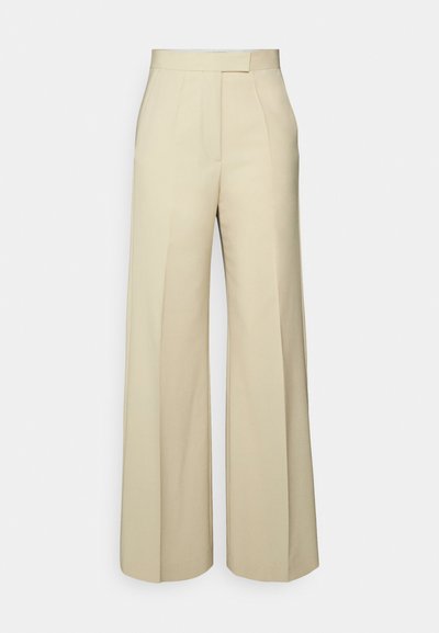 Wide-leg trousers in a light beige fabric, featuring a flat front, straight waistband, and no visible pockets or embellishments.