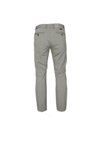 Graue, taillierte Anzugslhose mit einer gewebten Textur. Verfügt über zwei Gesäßtaschen mit Knöpfen und einen Reißverschluss. Slim-Fit-Design.