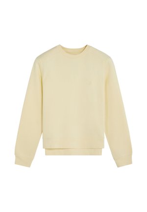 Sudadera de color amarillo claro hecha de tela suave. Presenta un cuello redondo, mangas largas, puños acanalados y un dobladillo recto. Diseño minimalista.