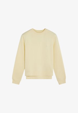 Sudadera de color amarillo claro hecha de tela suave. Presenta un cuello redondo, mangas largas, puños acanalados y un dobladillo recto. Diseño minimalista.