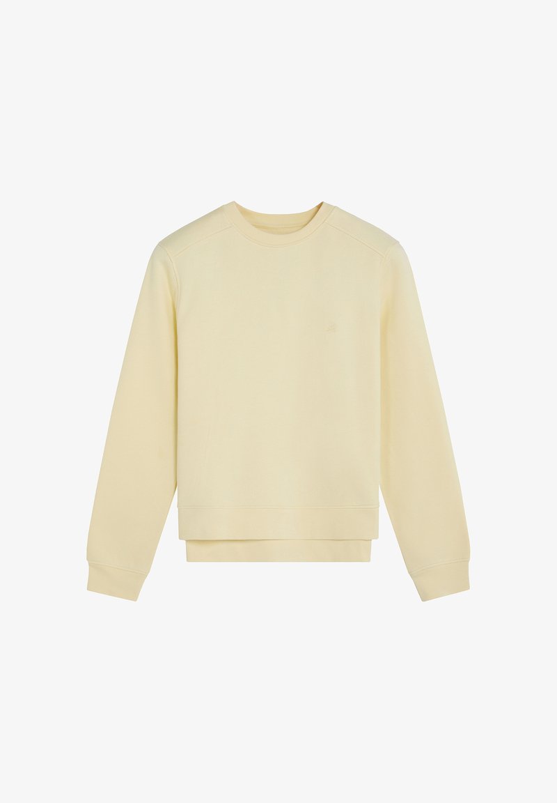 Lichtgele sweatshirt gemaakt van zacht materiaal. Heeft een ronde hals, lange mouwen, ribgebreide boorden en een rechte zoom. Minimalistisch ontwerp.