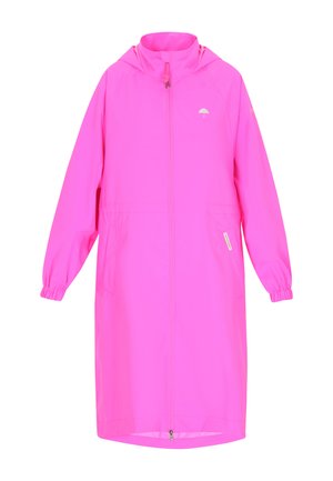 Růžový nepromokavý plášť se zapínáním na zip vpředu, dlouhými rukávy, elastickými manžetami a bočními kapsami. Vyrobený z voděodolného materiálu, má kapuci.