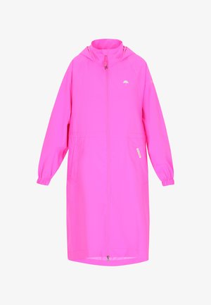Chubasquero rosa con cremallera frontal, mangas largas, puños elásticos y bolsillos laterales. Hecho de material resistente al agua, cuenta con capucha.