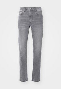 Jeans in denim grigio con un design a gamba dritta, dotati di cinque tasche, passanti per la cintura e una chiusura con bottone metallico in vita.