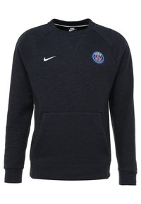 Sweat-shirt bleu foncé en tissu doux, doté d'une poche avant, de poignets côtelés et d'un logo sur la partie gauche de la poitrine.