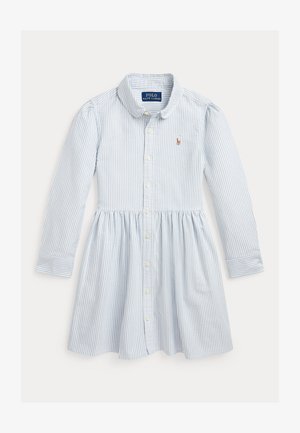 Ανοιχτό γαλάζιο φόρεμα με ρίγες, μακριά μανίκια, κουμπιά μπροστά και ραφή στη μέση. Διαθέτει μικρό κεντημένο λογότυπο στο στήθος. Ύφασμα από βαμβάκι.