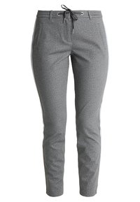 Pantalon à motif gris avec une coupe fuselée, doté d'une taille à cordon, de poches latérales et de bandes latérales bleu clair.