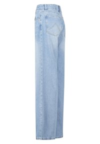 Light blue denim wide-leg jeans with a high waist, two back pockets, and a stitched pattern on the back pockets. Soft texture.
