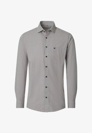 Męska koszula na guziki z długim rękawem, ozdobiona małym geometrycznym wzorem w kolorach czerwonym, niebieskim i białym, z klasycznym kołnierzykiem i czarnymi guzikami.