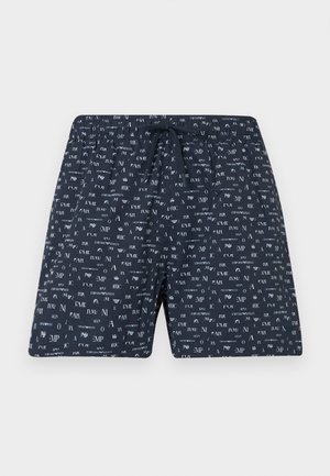 Μπλε σκούρο μαγιό σορτς με λευκό μοτίβο λογότυπου Emporio Armani σε όλη την επιφάνεια και μαύρο κορδόνι στη ελαστική μέση.