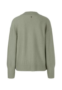 Grüner gestrickter Pullover mit lockerer Passform, V-Ausschnitt und geripptem Saum sowie Bündchen, mit einem kleinen Logodesign am oberen Nacken.