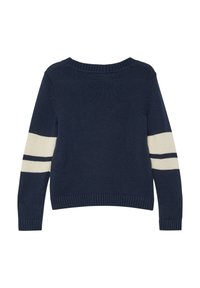Granatowy sweter dzianinowy z okrągłym dekoltem, z białymi poziomymi paskami na rękawach oraz ściągaczami przy mankietach i u dołu.