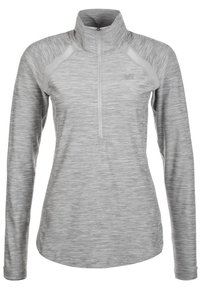 Lichtgrijze, lange mouw pullover top met een halve rits kraag, textuurstof en contrasterende schouderaccenten. Bevat een logo op de borst.