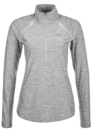 Lichtgrijze, lange mouw pullover top met een halve rits kraag, textuurstof en contrasterende schouderaccenten. Bevat een logo op de borst.