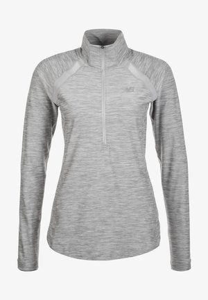 Hellgraues, langärmliges Pulloveroberteil mit halbem Reißverschluss und strukturiertem Stoff sowie kontrastierenden Schulterakzenten. Verfügt über ein Logo auf der Brust.