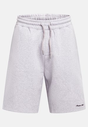 Heledad hallid vabaajapüksid elastse vööotsa ja nööriga, millel on väike must bränditekst põlve ees paremal jalal.