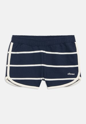 Tengerészkék sportnadrág fehér vízszintes csíkokkal, fehér szegéllyel, elasztikus derékpánttal és kis "ellesse" logóval a bal lábon.