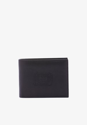 Zwarte leren portemonnee met een gestikte rand, voorzien van een opvallend reliëflogo aan de voorkant. Compacte, rechthoekige vorm voor gemakkelijke hantering.