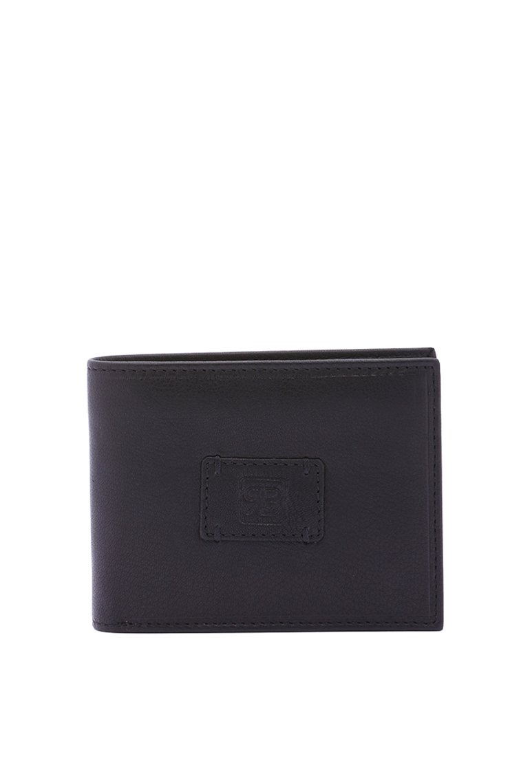 Black leather wallet with a stitched edge, featuring a prominent embossed logo on the front. Compact, rectangular shape for easy handling.