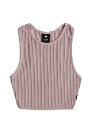 Mouwloze geribbelde crop top in stoffig roze, maat 12, met een ronde halslijn en zwart merketiket aan de binnenkant van de kraag.