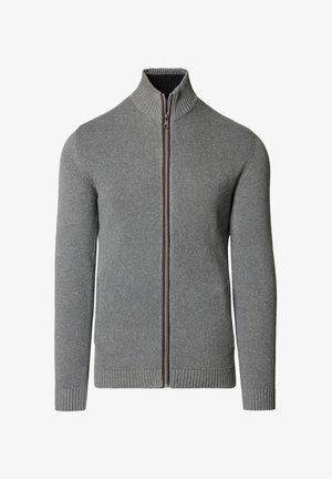 Szary sweter na zamek wykonany z teksturowanej dzianiny. Posiada stojący kołnierz, ściągacze przy mankietach oraz brązowy zamek błyskawiczny biegnący z przodu.