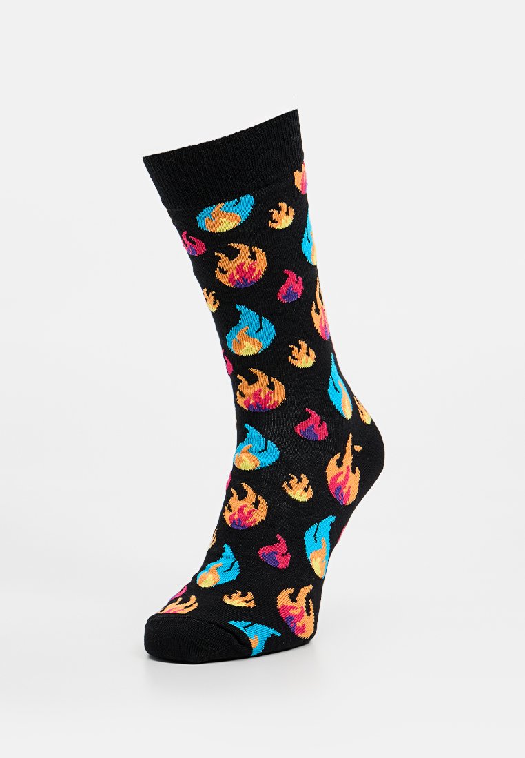 Kniehohe schwarze Socken mit einem mehrfarbigen Flammenmuster in Orange, Pink, Blau und Gelb auf schwarzem Hintergrund. Weiches, dehnbares Material.