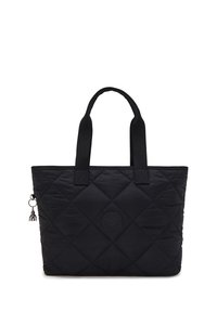 Borsa tote nera trapuntata di forma rettangolare, con manici doppi e un piccolo charm decorativo. Presenta un logo circolare sul davanti.