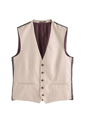 Beige herenvest met vijf knopen, donkergrijze zijpanelen, twee voorzakken met een split en een bordeauxrode binnenvoering.