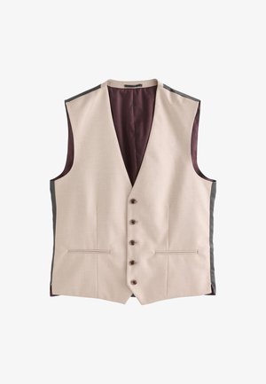 Beige herenvest met vijf knopen, donkergrijze zijpanelen, twee voorzakken met een split en een bordeauxrode binnenvoering.