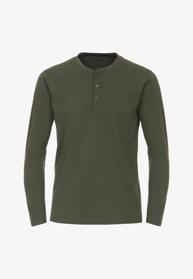 Oliwkowa longsleeve koszulka henley z miękkiego materiału, z okrągłym kołnierzykiem, trzema guzikami z przodu i dopasowanymi rękawami.