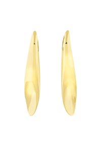 Guldtonade hängande örhängen med en slank, avlång tårform; slät, reflekterande yta utan synliga markeringar eller mönster.