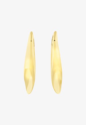 Pendientes colgantes en tono dorado con una forma de lágrima alargada y elegante; superficie lisa y reflectante sin marcas ni patrones visibles.